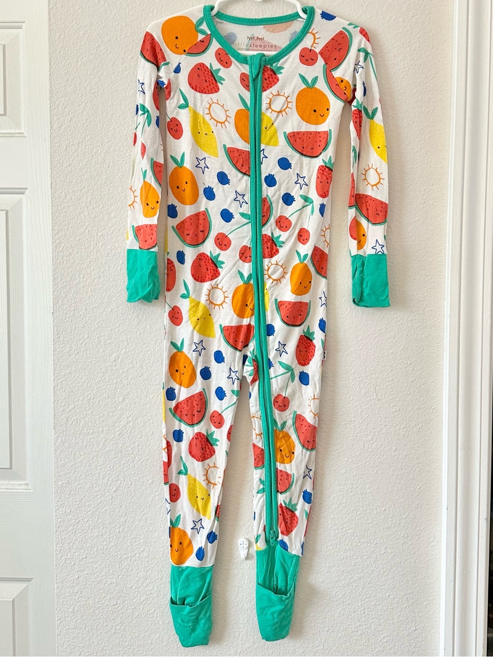 Little Sleepies White Fruit-Print Footed One-Piece with Teal Trim